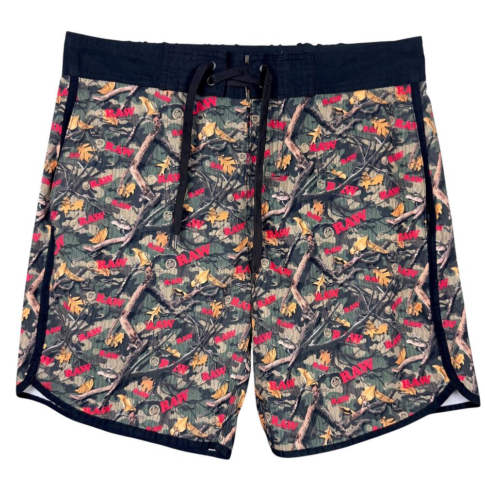 RAW Rolling Papers Board Shorts Mens Medium Green Camo Swim Trunk Unlined Beach
